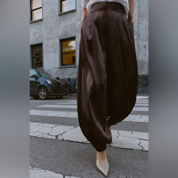 Zara SATIN BROWN BALLOON PANTS XL NWT - Picture 6 of 16